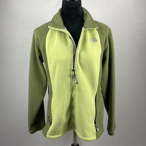The North Face Two Toned Olive Green Fleece Zip Up Jacket - Picture 2 of 12